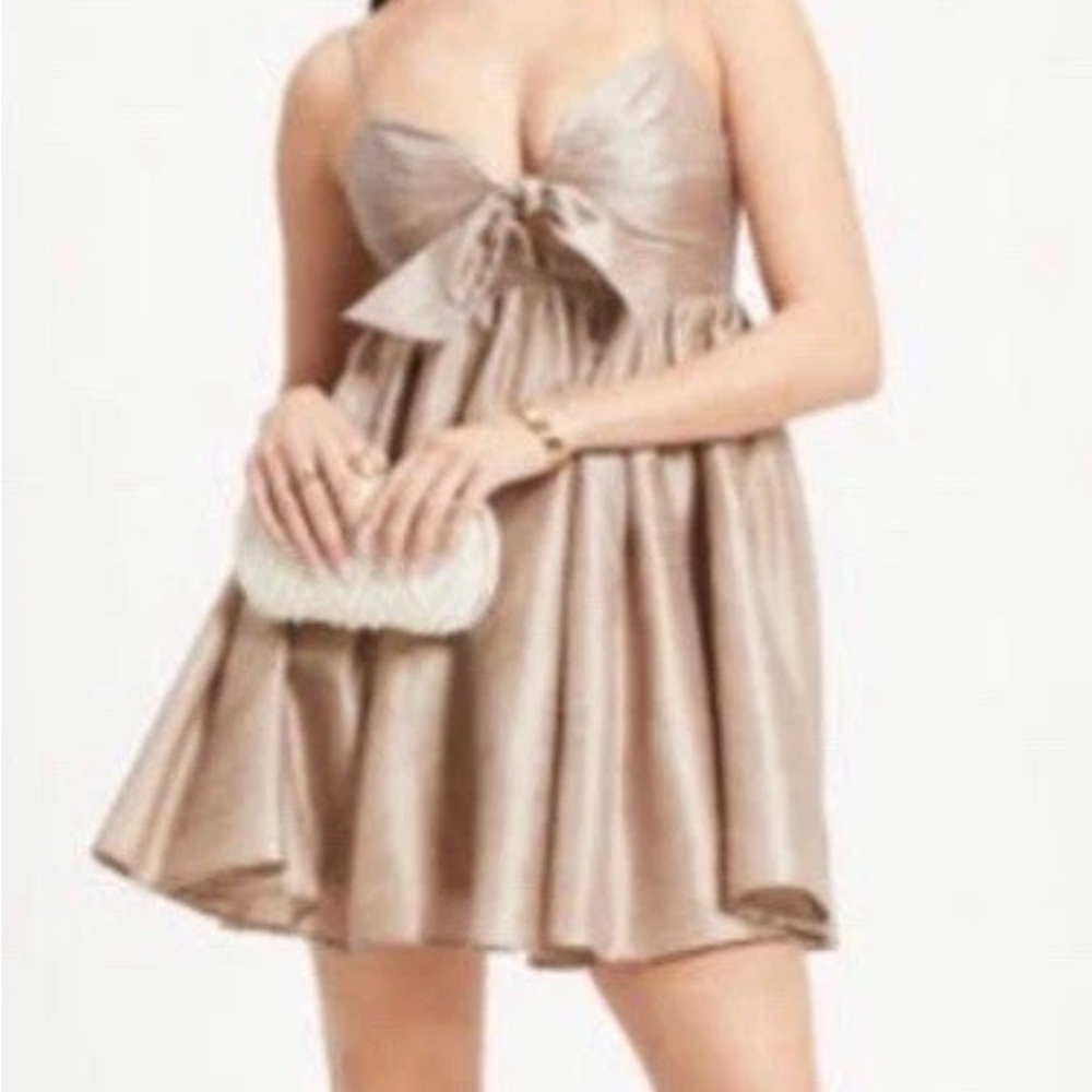 Aakaa Champagne Babydoll Dress with Bow Accent